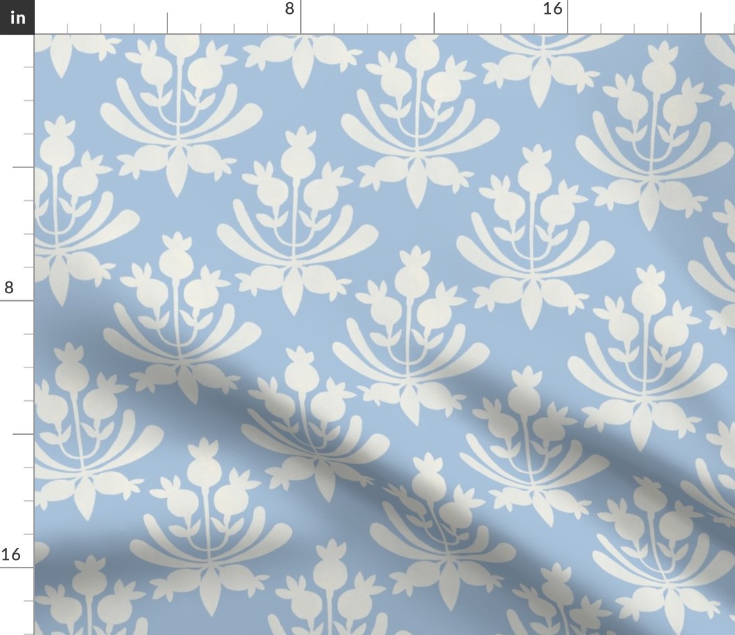 Berries and Leaves - Sky Blue and cream white leaf - Traditional Coastal Print - Medium