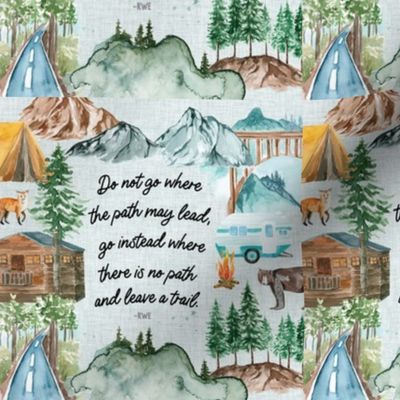 6" square: salty linen camping map // do not go where the path may lead, go instead where there is no path and leave a trail