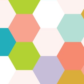 hexagon wholecloth: chartreuse, aqua, turquoise, pink, coral, lavender