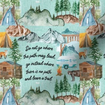 6" square: aqua linen camping map // do not go where the path may lead, go instead where there is no path and leave a trail