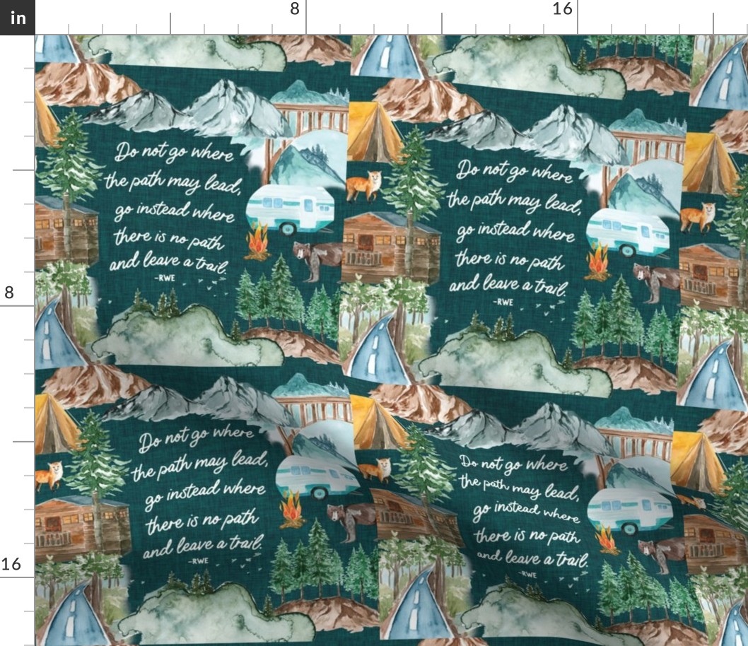 9" square: spruce linen camping map // do not go where the path may lead, go instead where there is no path and leave a trail