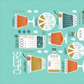 Cheers To 2024 - Retro Cocktail Calendar Tea Towel and Wall Hanging