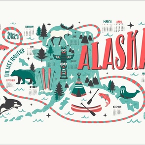 2024 Calendar Alaska Illustrated Map Tea Towel and Wall Hanging