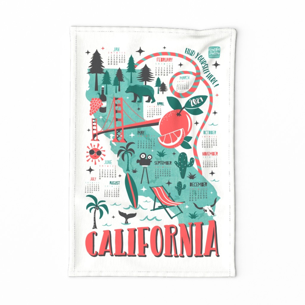 2024 Calendar California Illustrated Map Tea Towel and Wall Hanging
