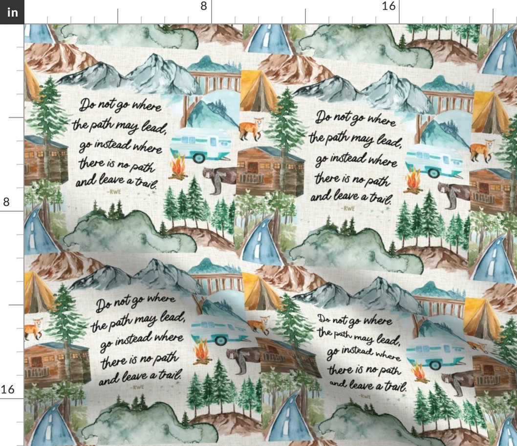 9" square: latte linen camping map // do not go where the path may lead, go instead where there is no path and leave a trail