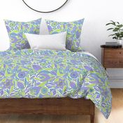 Flower garden in pastel colors lilac, green and light blue. Floral pattern with abstract flowers and white background. Rich design. 