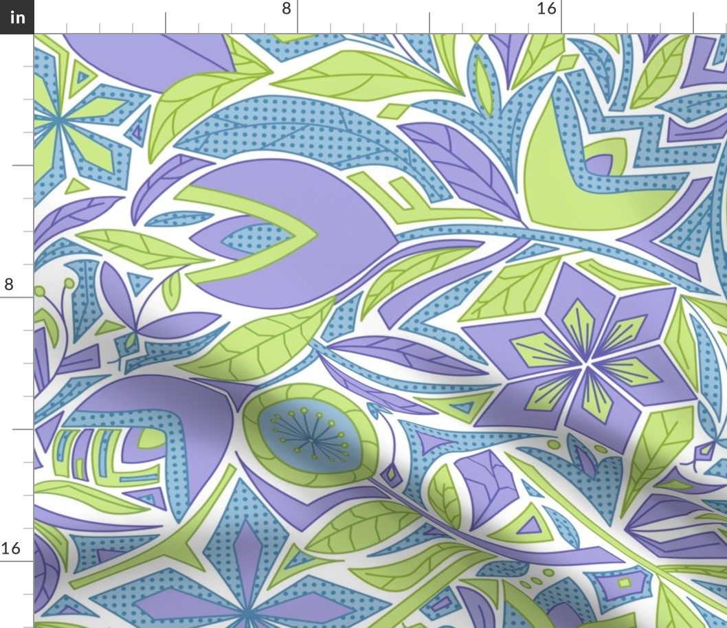 Flower garden in pastel colors lilac, green and light blue. Floral pattern with abstract flowers and white background. Rich design. 