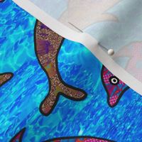 Dancing mixed media  whimsical collaged dolphins in the sea, large 12” repeat