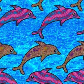 Dancing mixed media  whimsical collaged dolphins in the sea, large 12” repeat