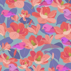 Magnolia Birds on Blue