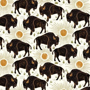 Bison - 12" large - black, gold, and moss on natural 