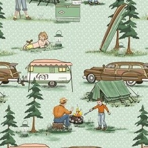 Retro Family Campout 1960s on mint background 