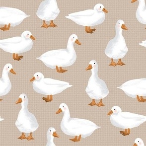 Cute White Puddle Ducks on Natural Burlap by Brittanylane