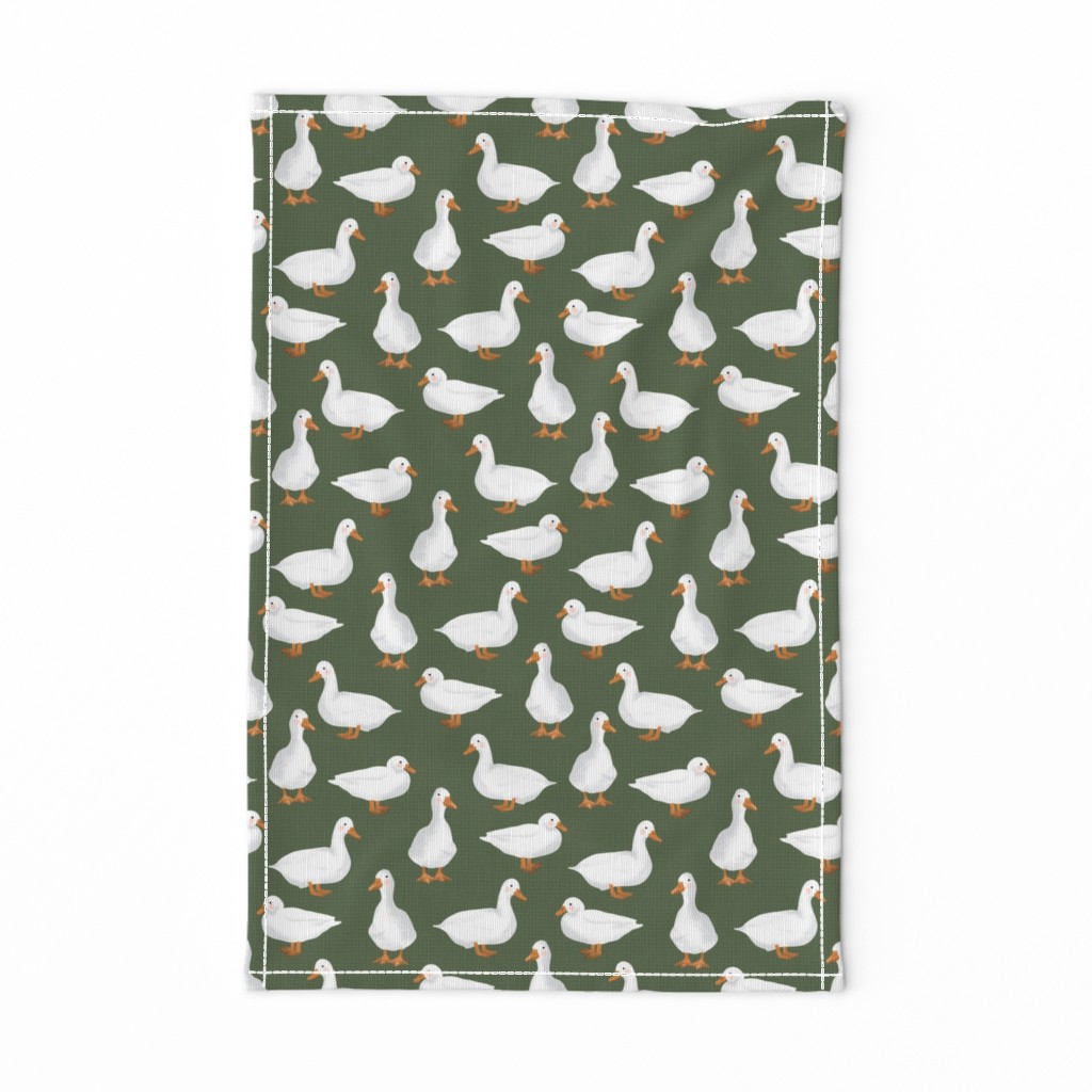 Cute White Puddle Ducks on Forest Green Burlap by Brittanylane