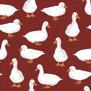 Cute White Puddle Ducks on Burgundy Burlap by Brittanylane