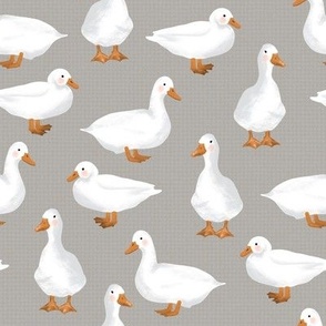 Cute White Puddle Ducks on Grey Burlap by Brittanylane