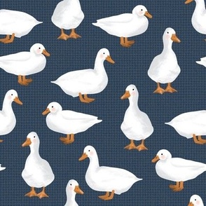 Cute White Puddle Ducks on Navy Burlap by Brittanylane