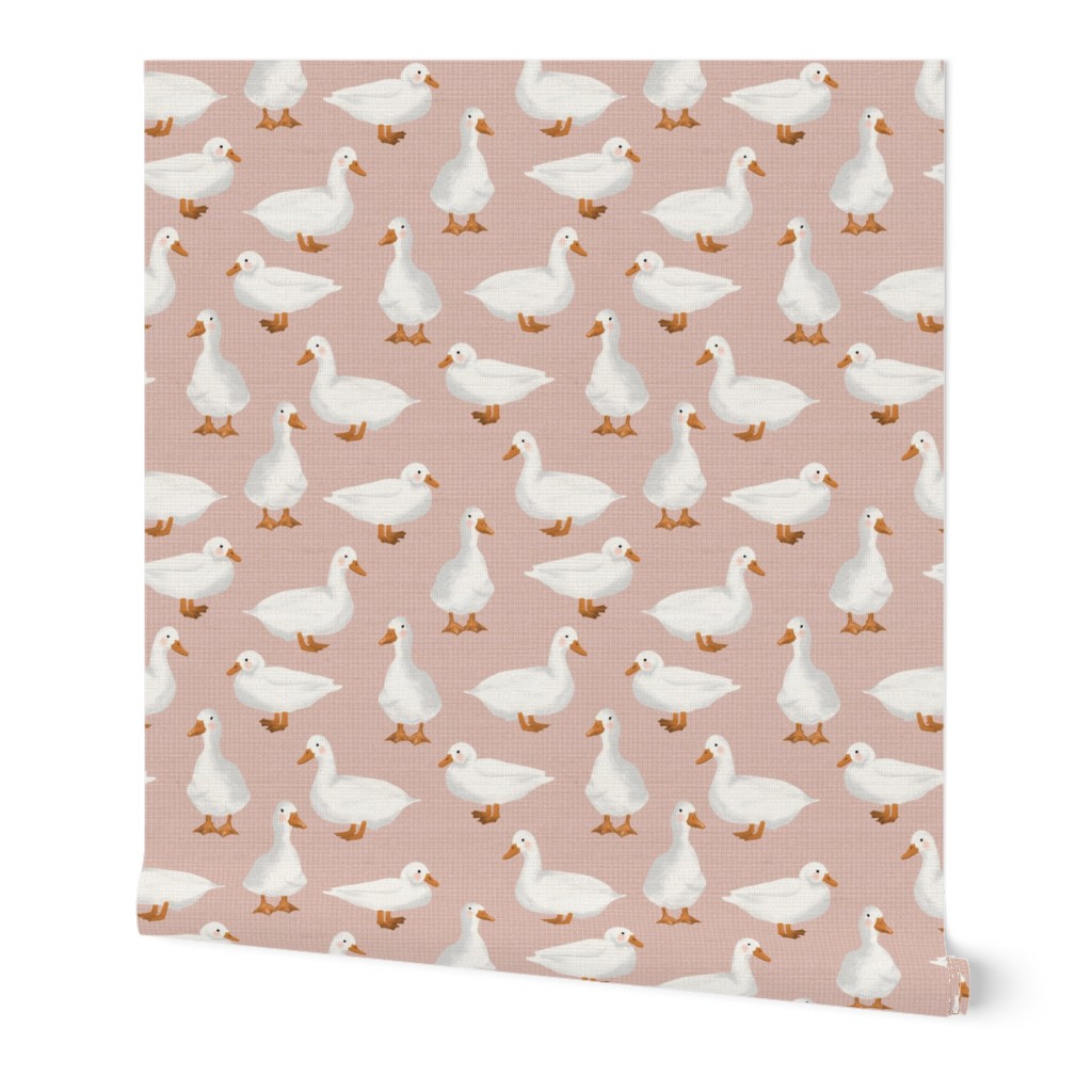 Cute White Puddle Ducks on Blush Burlap by Brittanylane