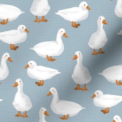Cute White Puddle Ducks on Country Blue Burlap by Brittanylane