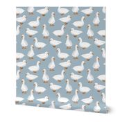 Cute White Puddle Ducks on Country Blue Burlap by Brittanylane