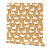 Cute White Puddle Ducks on Mustard Burlap by Brittanylane