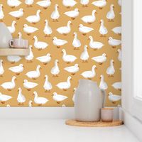 Cute White Puddle Ducks on Mustard Burlap by Brittanylane