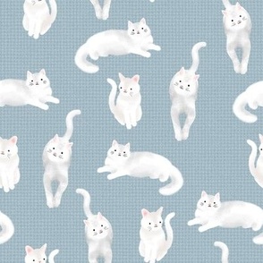 Pretty Kitty White Cats on Country Blue Burlap by Brittanylane