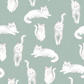 Pretty Kitty White Cats on Sage Green Burlap by Brittanylane