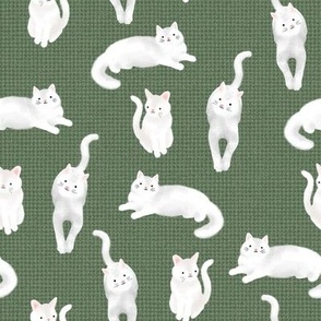 Pretty Kitty White Cats on Green Burlap by Brittanylane