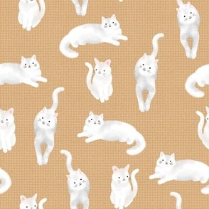 Pretty Kitty White Cats on Gold Burlap by Brittanylane