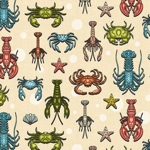 Crabs, Lobsters and Shrimps on Beige Pattern / Tiny Scale