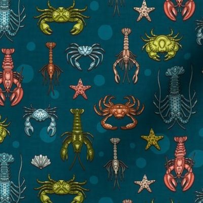 Crabs, Lobsters and Shrimps on Blue Pattern / Tiny Scale