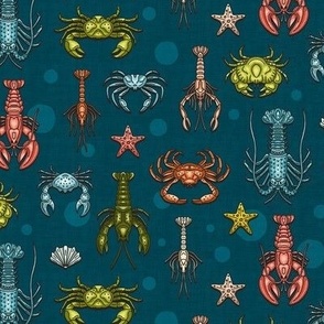 Crabs, Lobsters and Shrimps on Blue Pattern / Tiny Scale