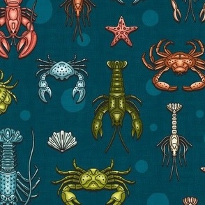 Crabs, Lobsters and Shrimps on Blue Pattern / Small Scale