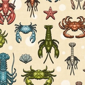 Crabs, Lobsters and Shrimps on Beige Pattern / Small Scale