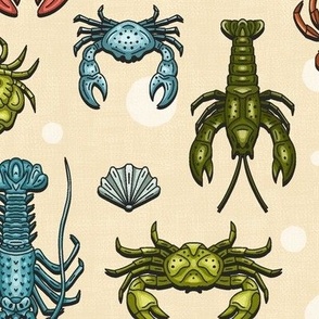 Crabs, Lobsters and Shrimps on Beige Pattern / Medium Scale