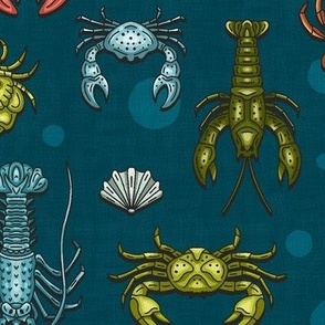 Crabs, Lobsters and Shrimps on Blue Pattern / Medium Scale