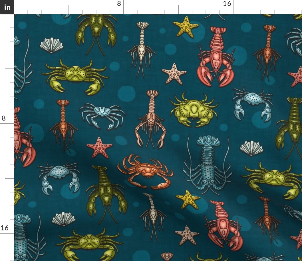 Crabs, Lobsters and Shrimps on Blue Pattern / Medium Scale