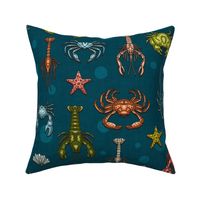 Crabs, Lobsters and Shrimps on Blue Pattern / Large Scale