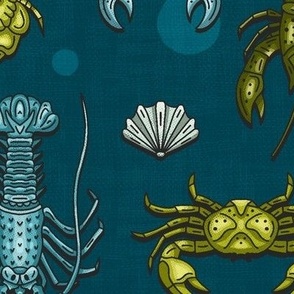 Crabs, Lobsters and Shrimps on Blue Pattern / Large Scale
