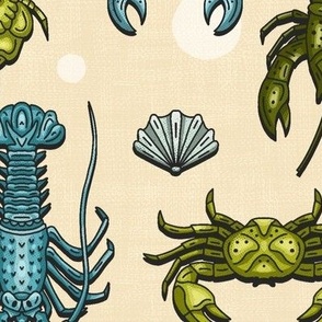 Crabs, Lobsters and Shrimps on Beige Pattern / Large Scale
