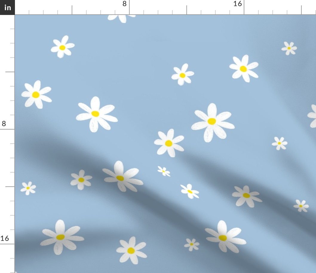 Daisies blooming on light blue background. Spring flowers seamless pattern