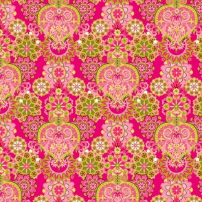 Floral Folk Fantasy Damask Pattern in Red, Pink and Green 