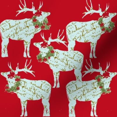 French Script Reindeer with wreaths on red