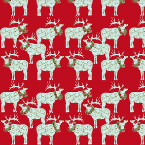 French Script Reindeer with wreaths on red