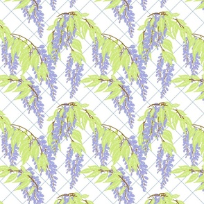 Pastel Lilac Green Wisteria on light blue grid