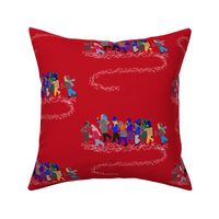 French Script reindeer children on red