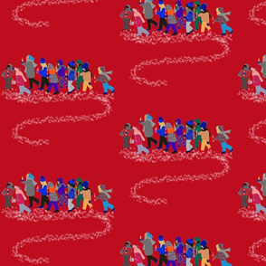 French Script reindeer children on red