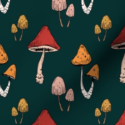 Classic Mushroom Forest - Toadstools Green Background