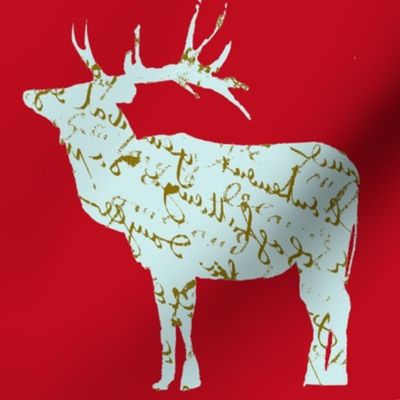 French Script reindeer on red